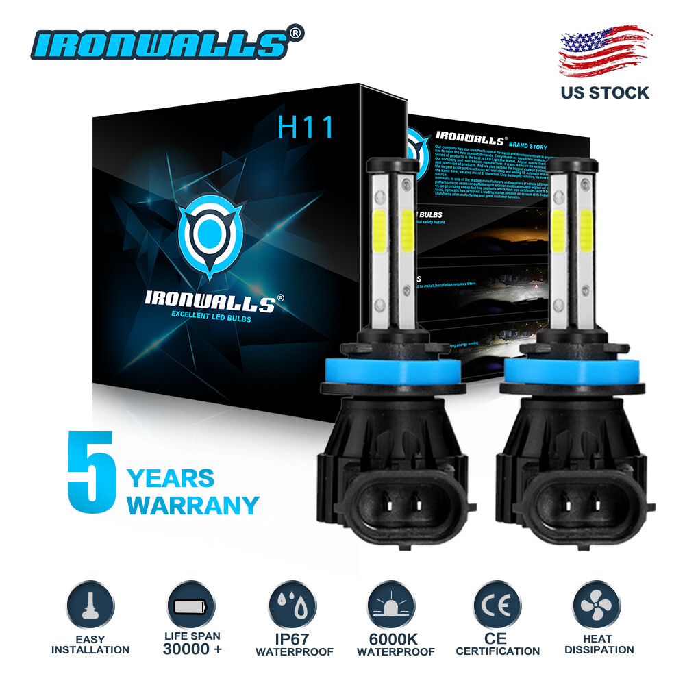 4 Sides H11 LED Headlight High or Low Beam Bulbs 2400W 360000LM 6500K White 2Pcs