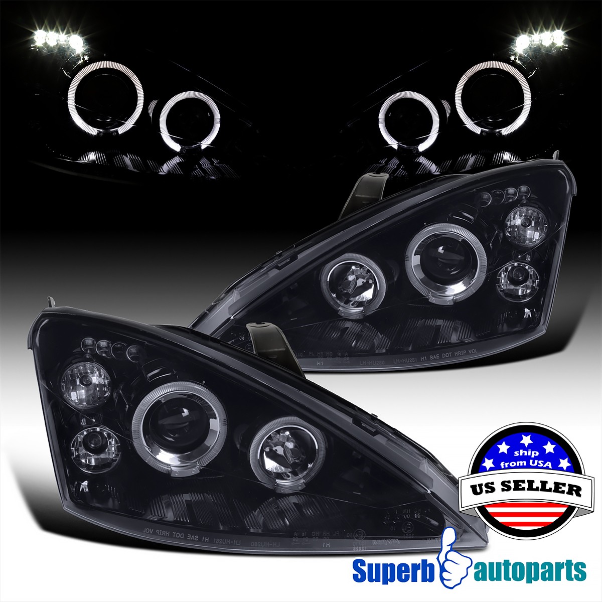Fits 2000-2004 Ford Focus Halo Angeleyes Projector Headlights Glossy Black Smoke Fits 2000-2004 Ford Focus Halo Angeleyes Projector Headlights Glossy Black Smoke