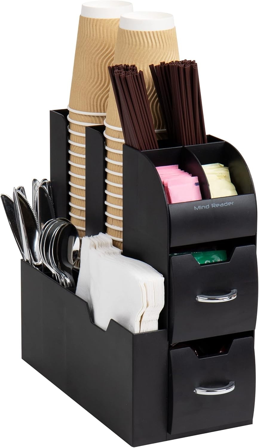 Cup and Condiment Station, Countertop Organizer, Coffee Bar, Kitchen, Stirrer...