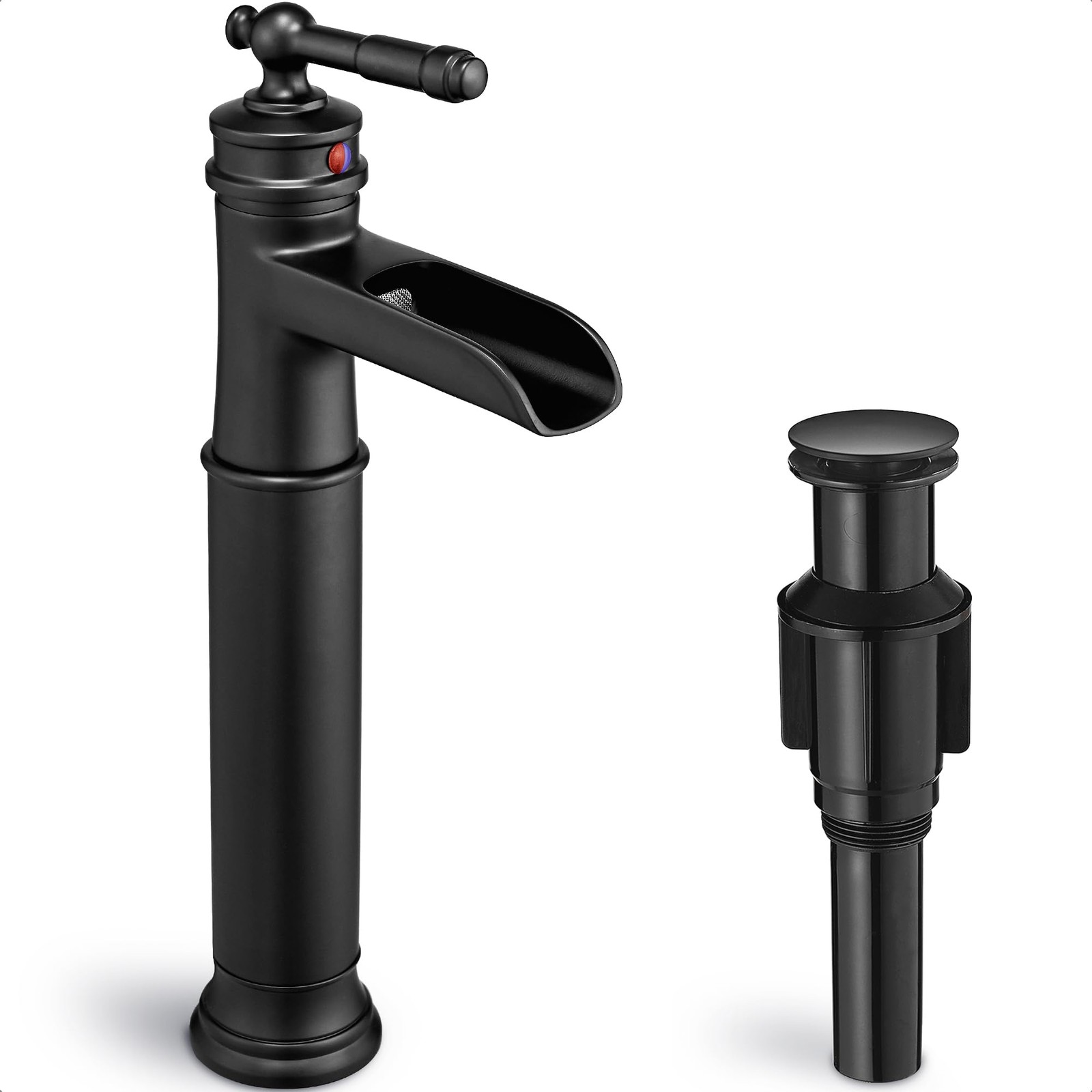 HOIGY HYBF-09H-B Tall Waterfall Bathroom Faucet Black Brass 1-Hole Pop-Up Drain HOIGY HYBF-09H-B Tall Waterfall Bathroom Faucet Black Brass 1-Hole Pop-Up Drain