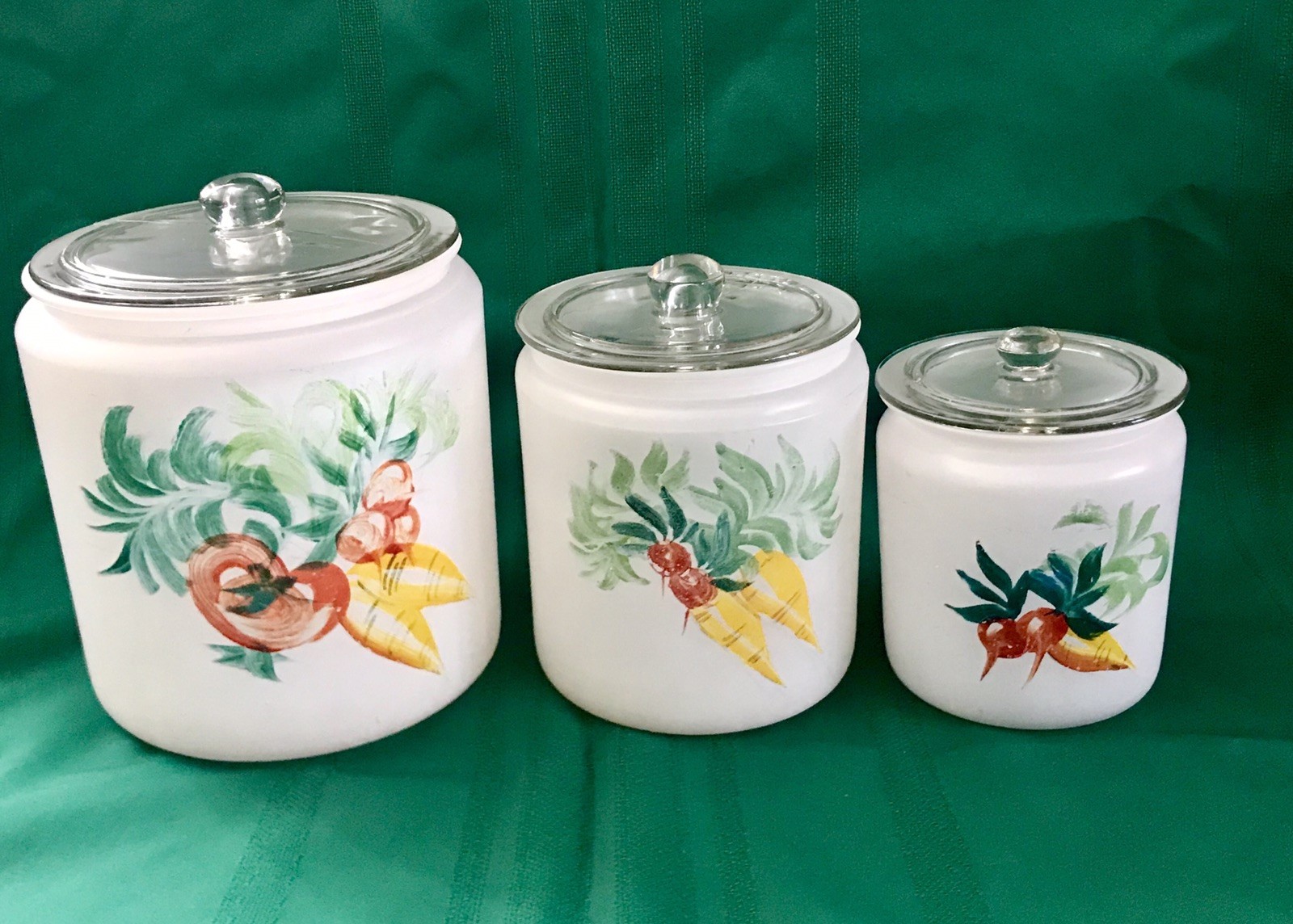 VTG 40s Frosted Hand Painted Satin Glass Canisters 3 PC Set  8.5, 7.5, 6.5\