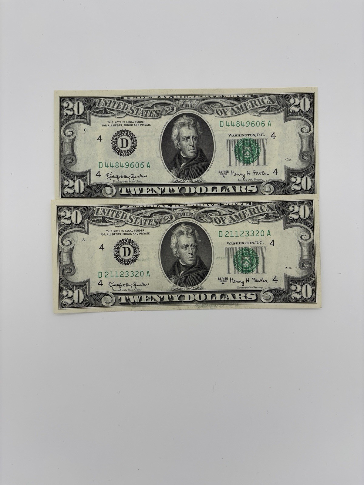 Two 1963 A $20 Federal Reserve Notes Two 1963 A $20 Federal Reserve Notes