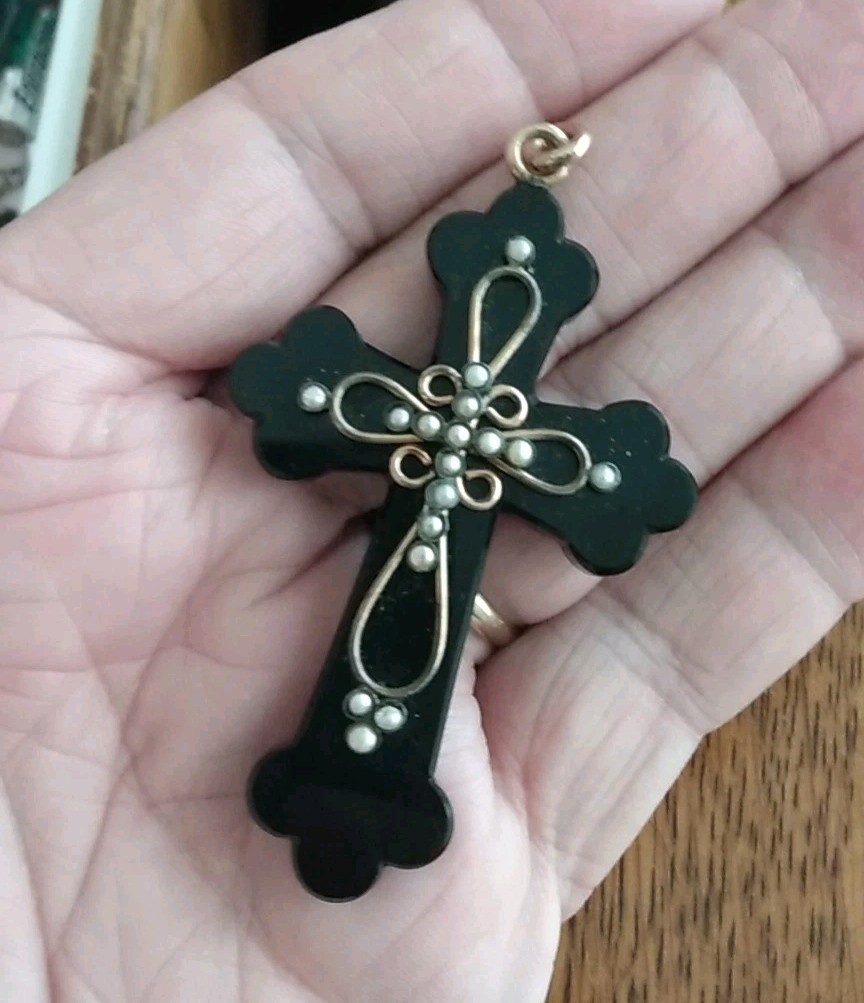 Antique Victorian Large Mourning Cross Black Onyx  Gold Filled With Pearls 