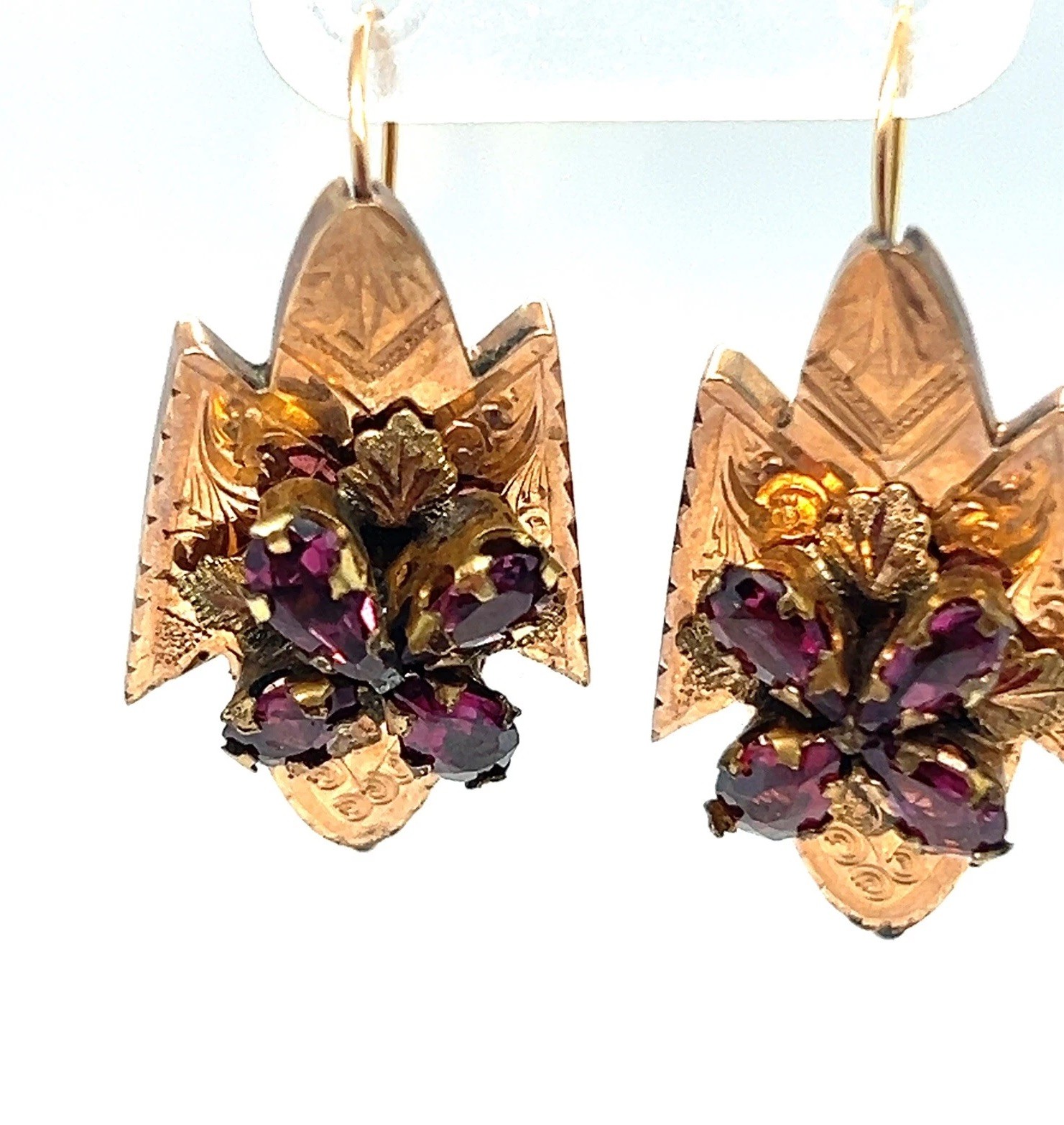 ANTIQUE GEORGIAN ERA AMETHYST EARRINGS ETCHING DETAILS PIERCED HOOK 8K ROSE GOLD