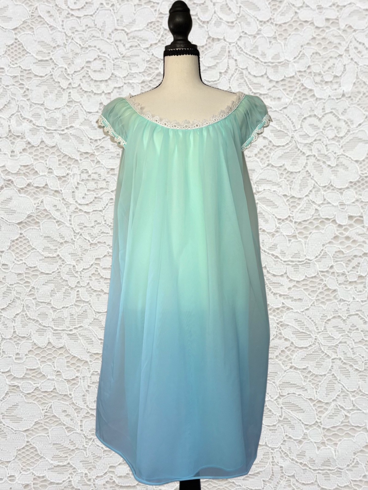 Dorsay Vintage 1960s Babydoll sheer blue nightgown with white lace trim