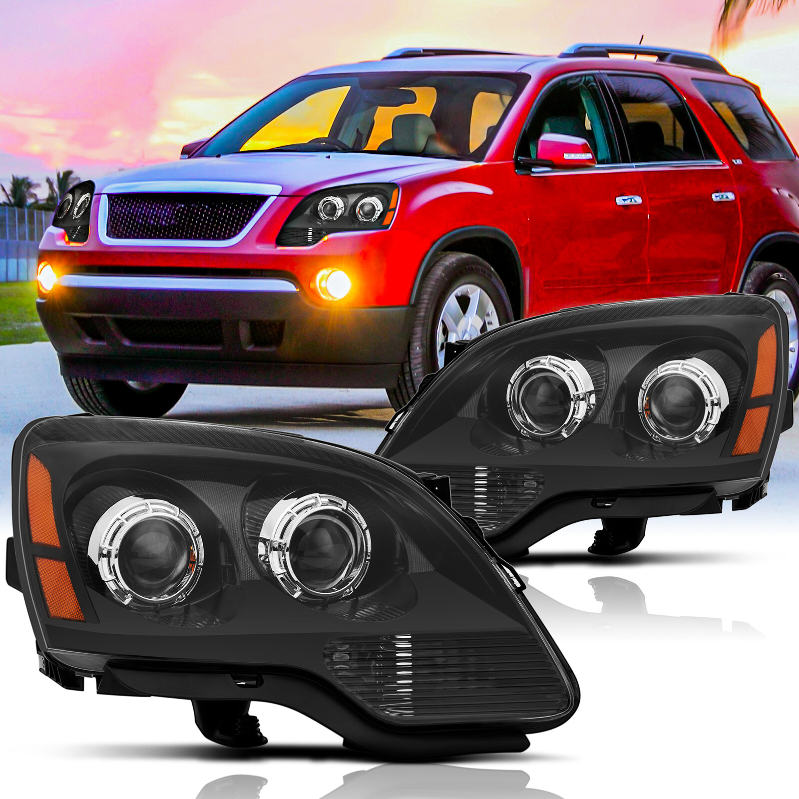 For 2007-2012 GMC Acadia Halogen Headlights Headlamps Assembly Black Left+Right