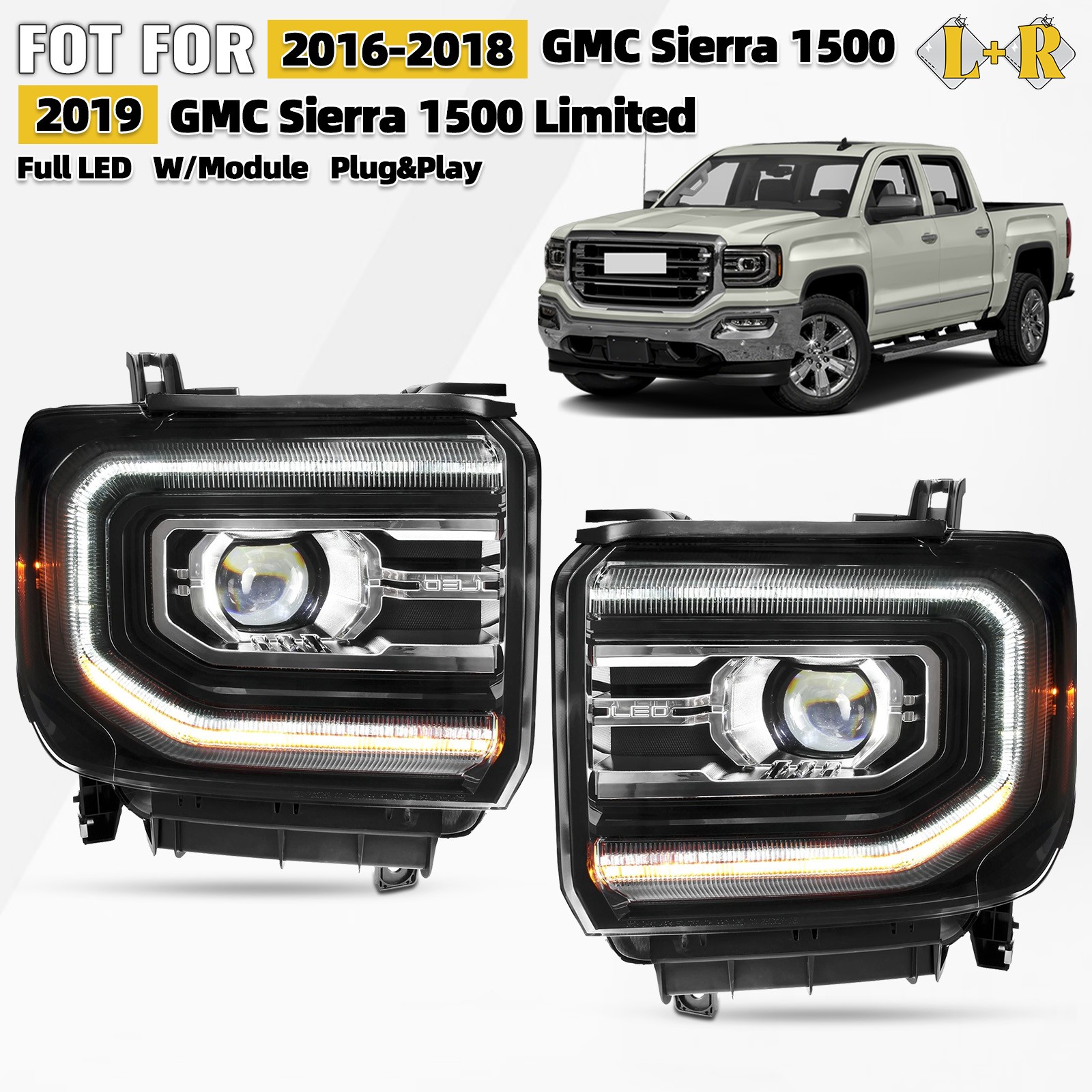 For 2016-2018 GMC Sierra 1500 Full LED Projector Headlight Left+Right Pair For 2016-2018 GMC Sierra 1500 Full LED Projector Headlight Left+Right Pair
