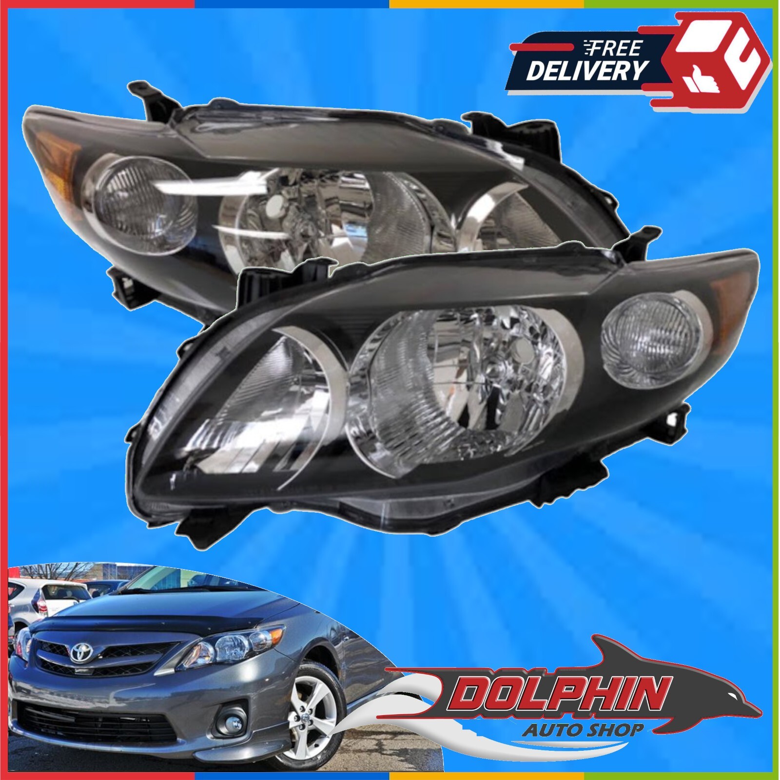 For 09 10 Toyota Corolla Black Headlights Type S Lamps Replacement Pair Set