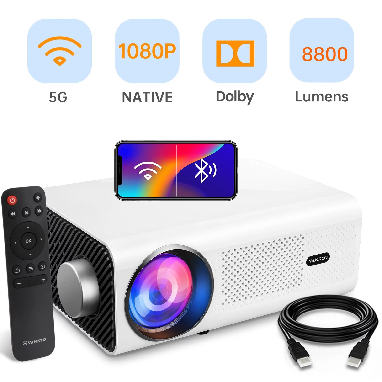 VANKYO 4K Projector DoIby 45000LMS 1080P HD 5G WiFi Bluetooth Video Home Theater