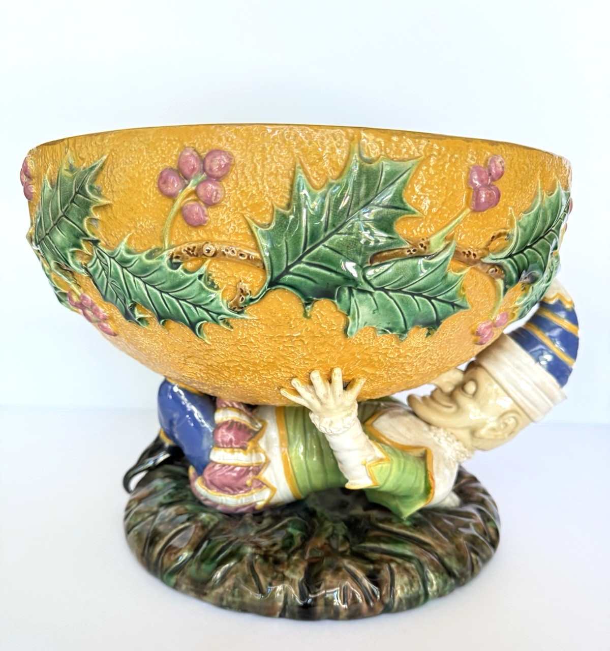 Rare 1870's Large George Jones Majolica Mr Punch Comport Centerpiece Bowl