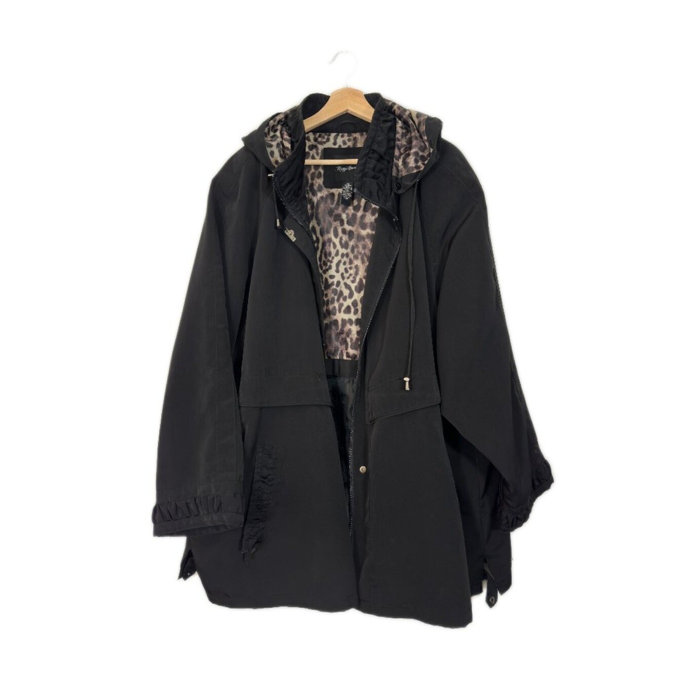 Maggie Barnes Women\'s Hooded Coat Raincoat Size 4X Black Leopard Outdoor Mobwife