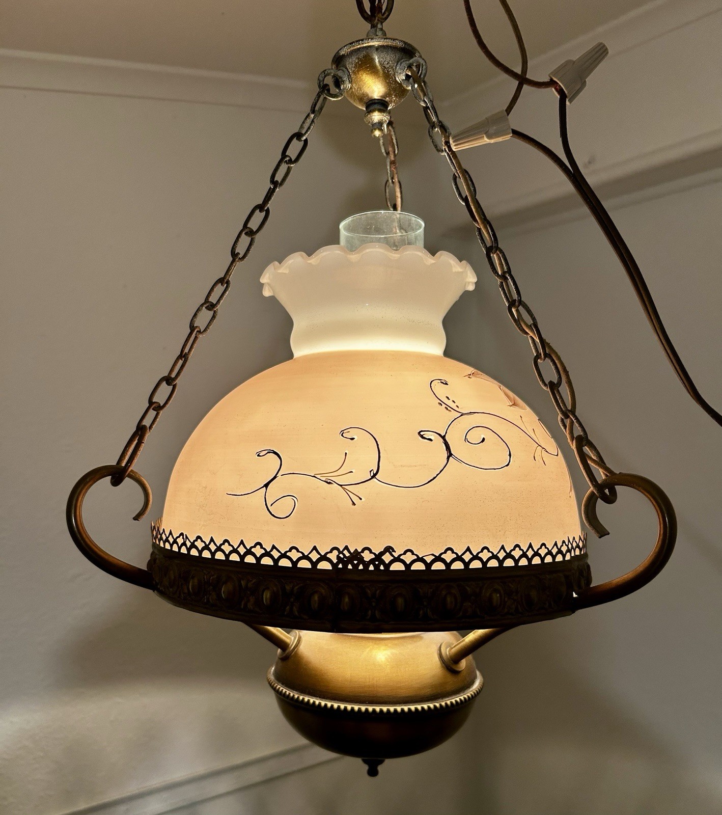 Vintage Hand Painted Floral Hanging Hurricane Swag Lamp Frosted Glass Shade