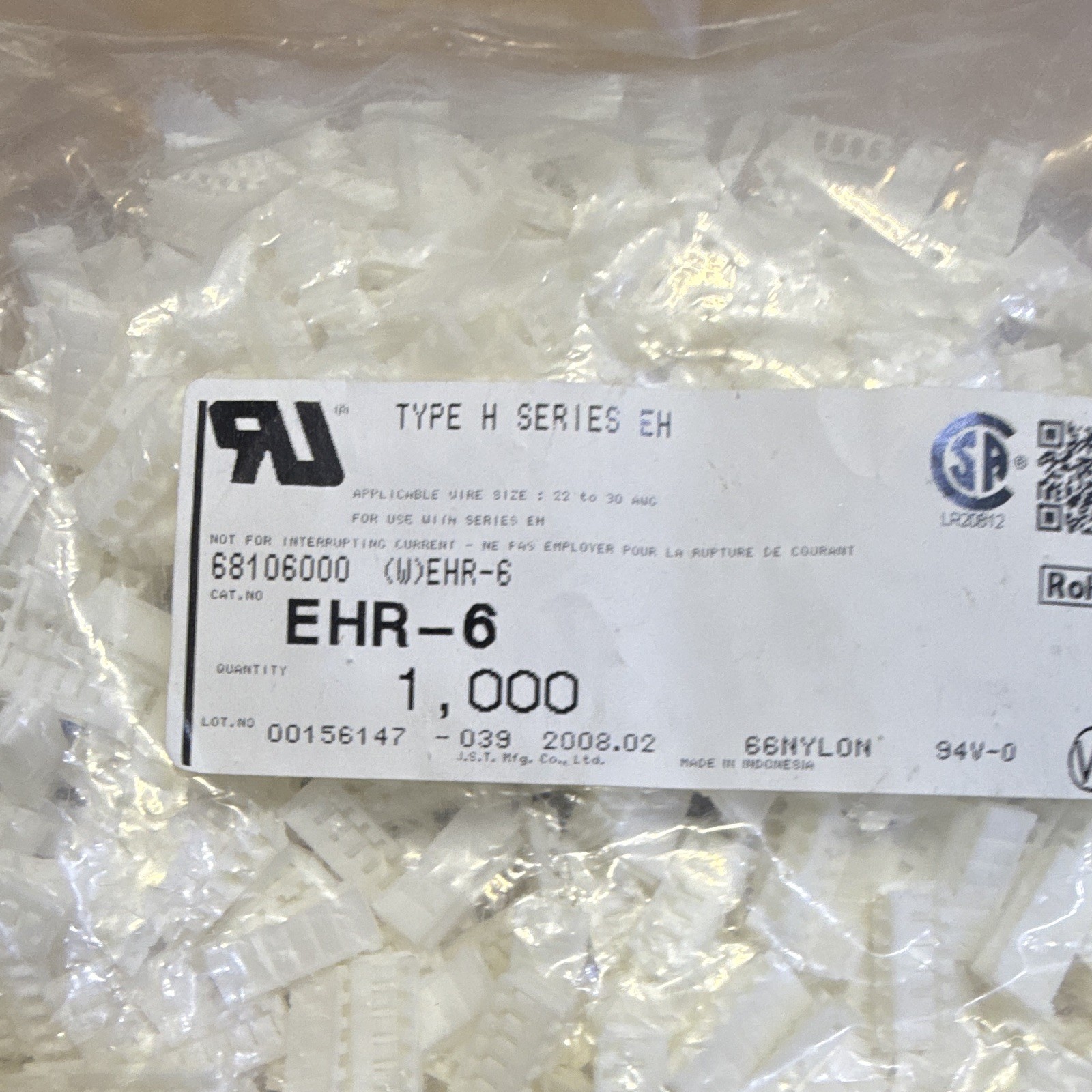 J.S.T. EHR-6 EH Series 6-Pin Nylon Connector Housing White 26-30 AWG J.S.T. EHR-6 EH Series 6-Pin Nylon Connector Housing White 26-30 AWG