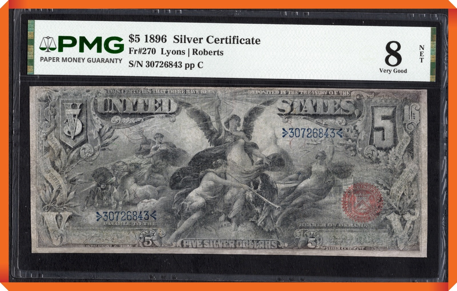 KC- Fr.270 1896 $5 Silver Certificate - VG 8 NET PMG (Repaired & Reconstructed)