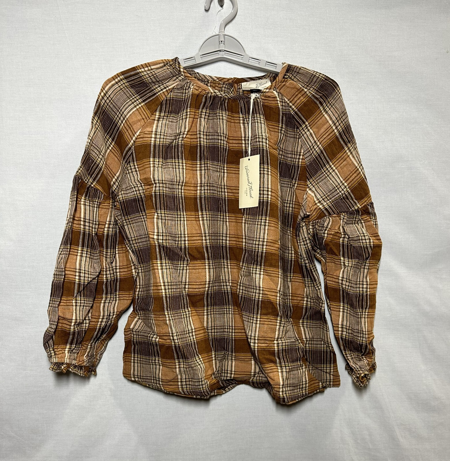 Women\'s Universal Thread Dressy Long Sleeve Crewneck Popover Top- Brown Plaid S Women\'s Universal Thread Dressy Long Sleeve Crewneck Popover Top- Brown Plaid S