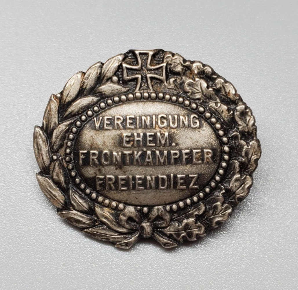 WWI Weimar German Veterans Badge Frontkämpfer Freiendiez Iron Cross Pin c1920s WWI Weimar German Veterans Badge Frontkämpfer Freiendiez Iron Cross Pin c1920s