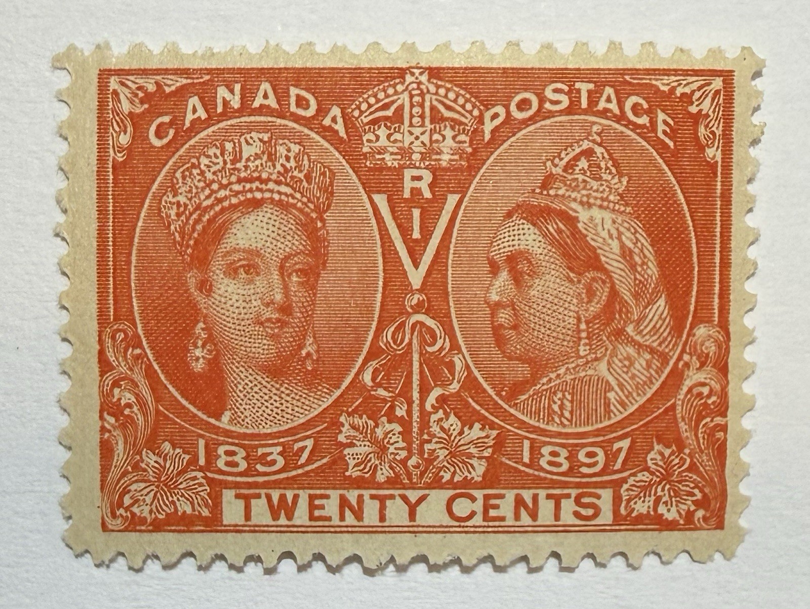Canada #59 1897 20c vermilion Victoria “Jubilee”, MNH/VF, sp’s UL; $1.35K UCV Canada #59 1897 20c vermilion Victoria “Jubilee”, MNH/VF, sp’s UL; $1.35K UCV