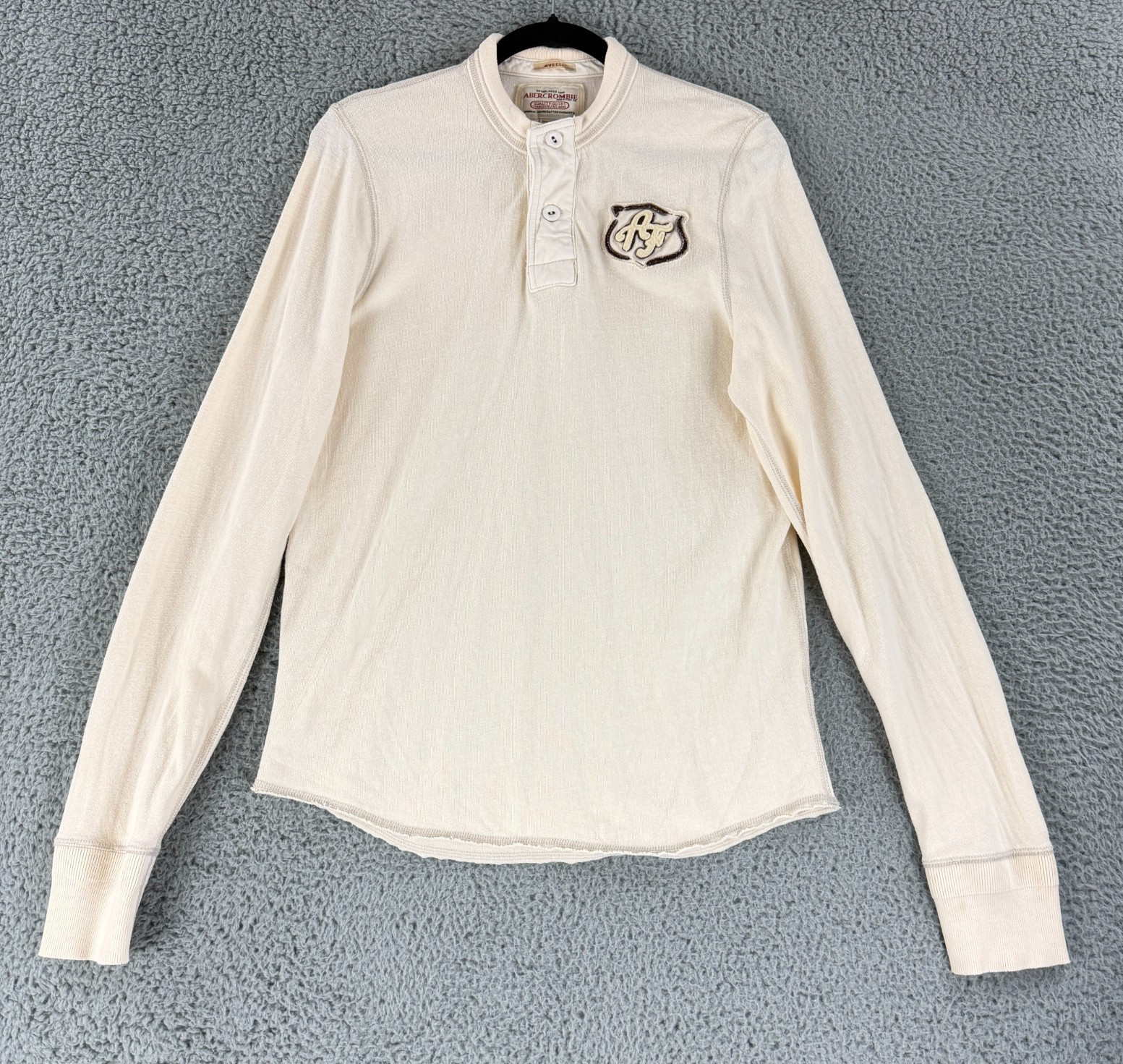 Vintage Abercrombie & Fitch Henley Shirt Men L Ivory Embroidered Long Sleeve Y2K