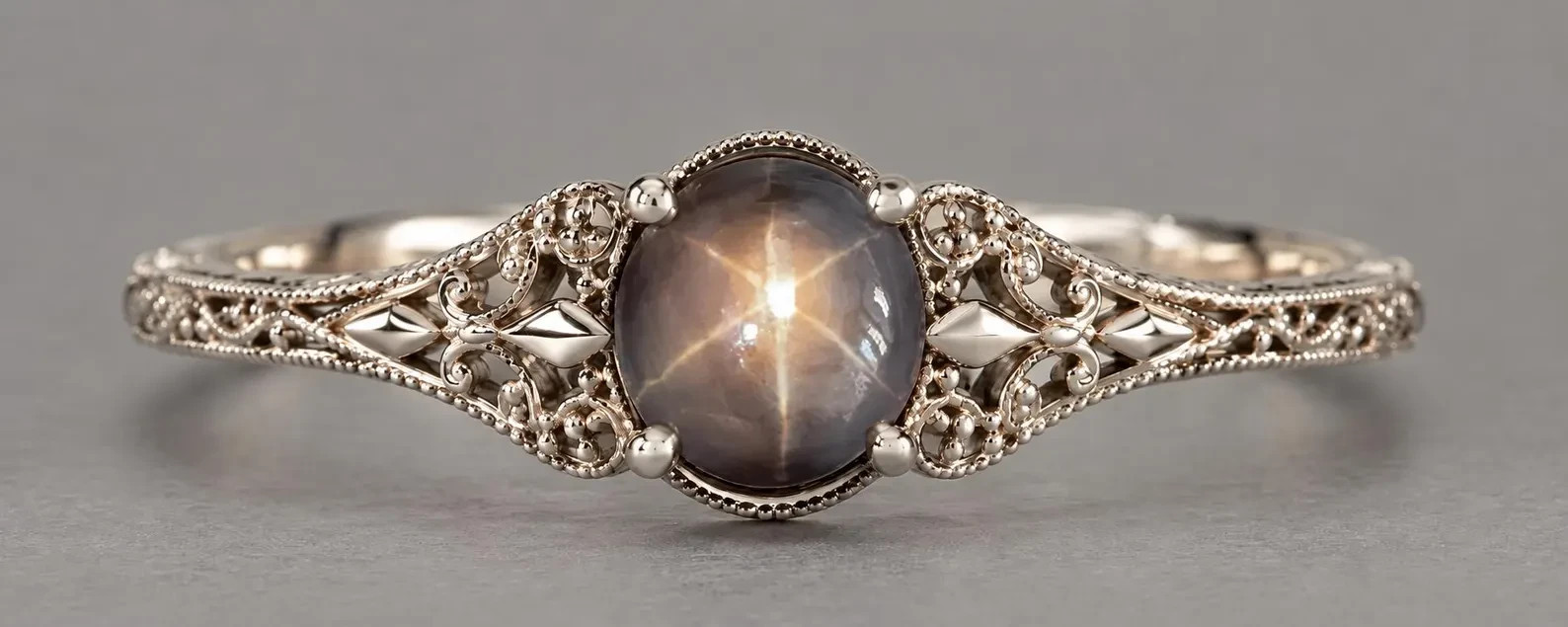 Natural Star Sapphire Ring, Vintage Victorian Filigree Ring, 925 Sterling Silver