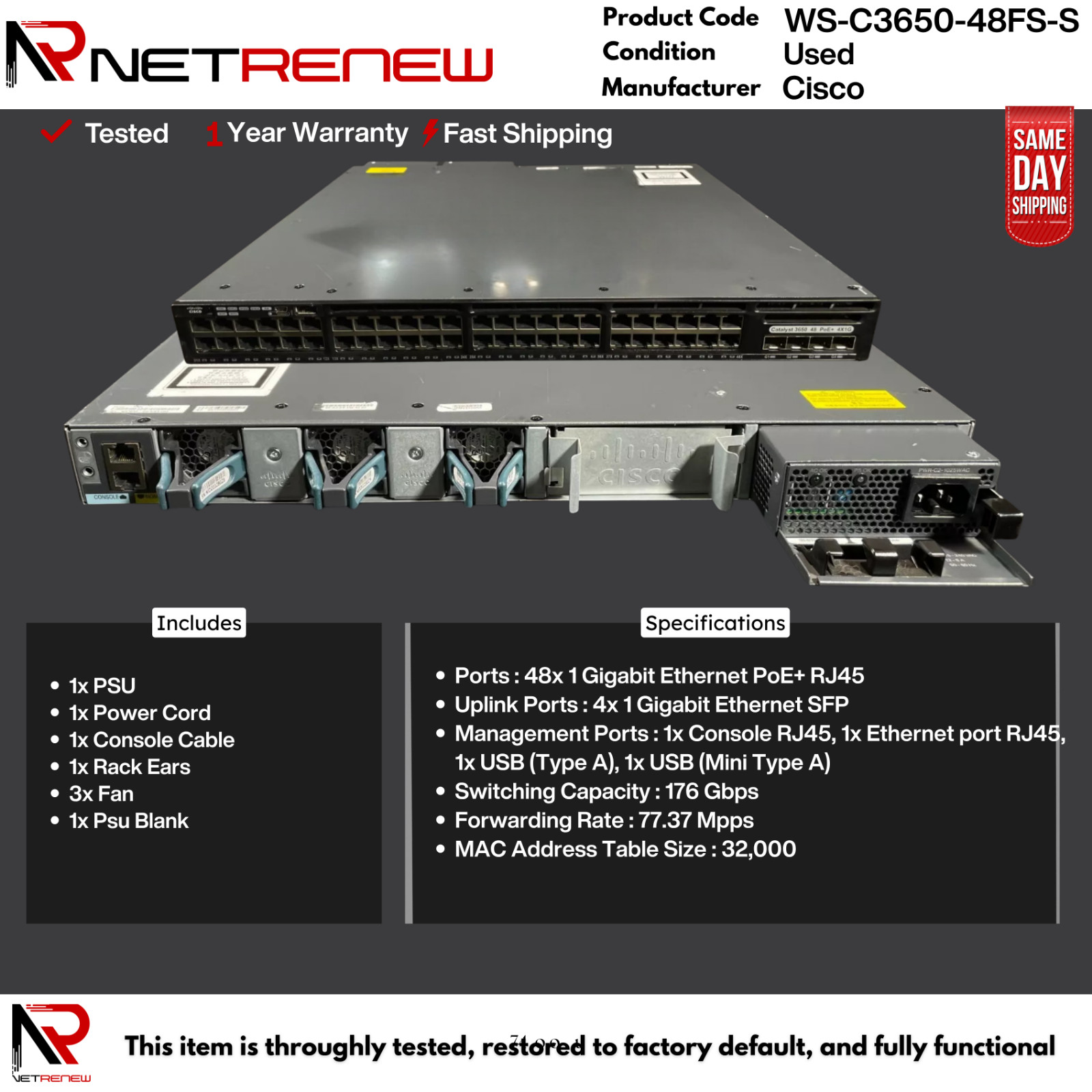 Cisco WS-C3650-48FS-S Switch 48 Port PoE+ Cisco WS-C3650-48FS-S Switch 48 Port PoE+