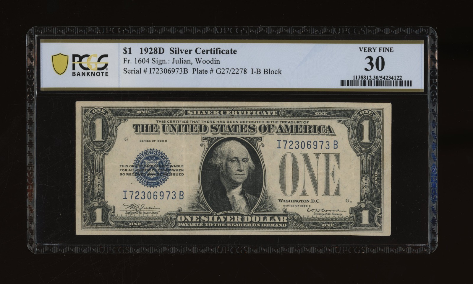 DBR Scarce 1928-D $1 Silver Fr. 1604 IB Block PCGS-B 30 Serial I72306973B
