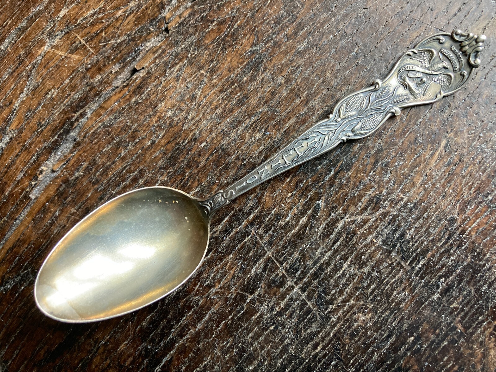 Antique Sterling BAKER MANCHESTER ILLINOIS Souvenir Teaspoon Eagle Corn Wheat