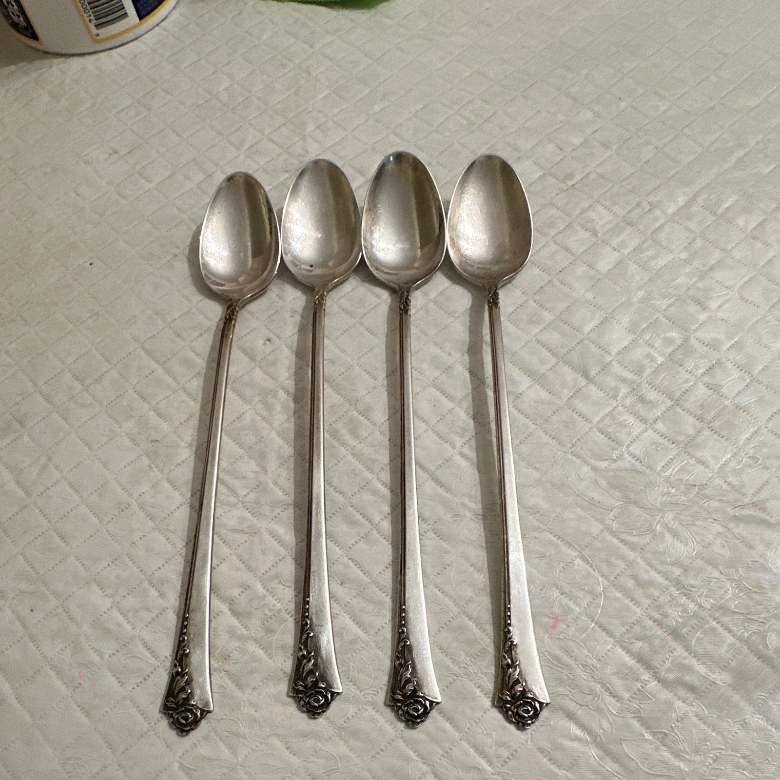 4 Vintage Oneida Damask Rose Sterling Silver Iced Tea Spoons, 7.5\ 4 Vintage Oneida Damask Rose Sterling Silver Iced Tea Spoons, 7.5\