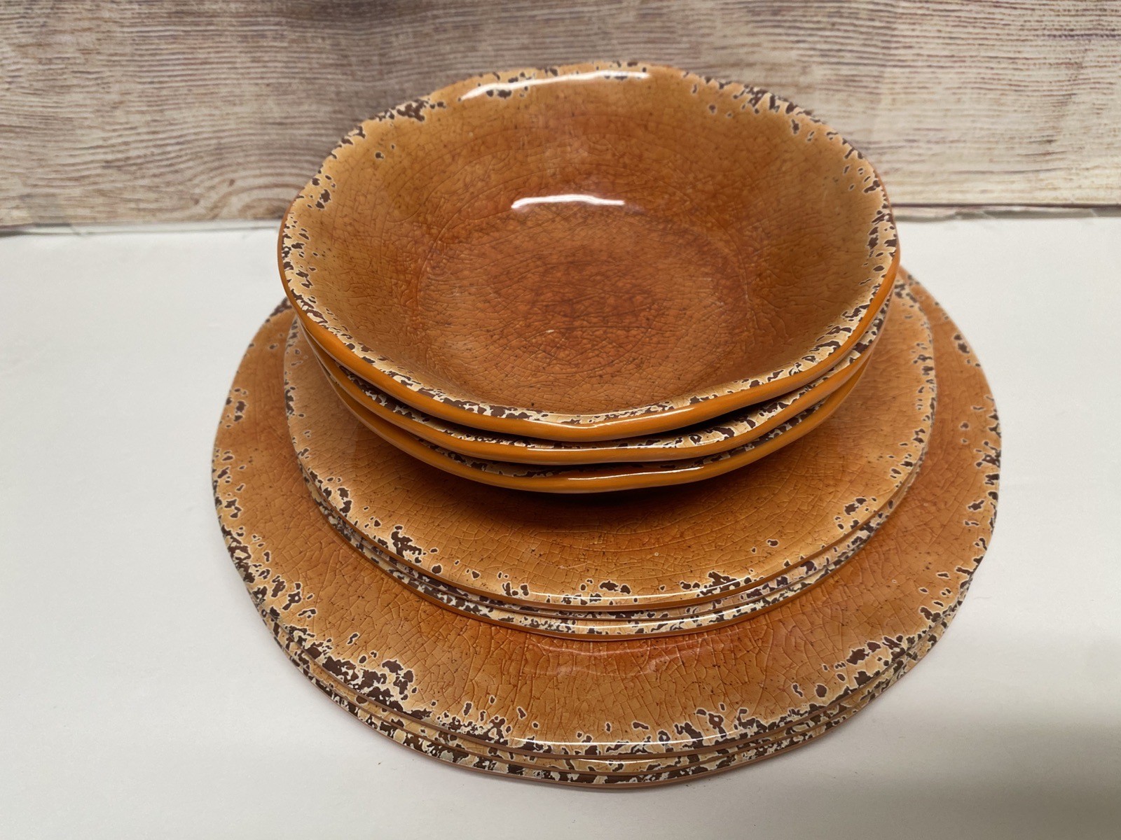 SET OF 9 Pier 1 One Carmelo Melamine Dinner Salad Plates Bowls Orange Crackle SET OF 9 Pier 1 One Carmelo Melamine Dinner Salad Plates Bowls Orange Crackle