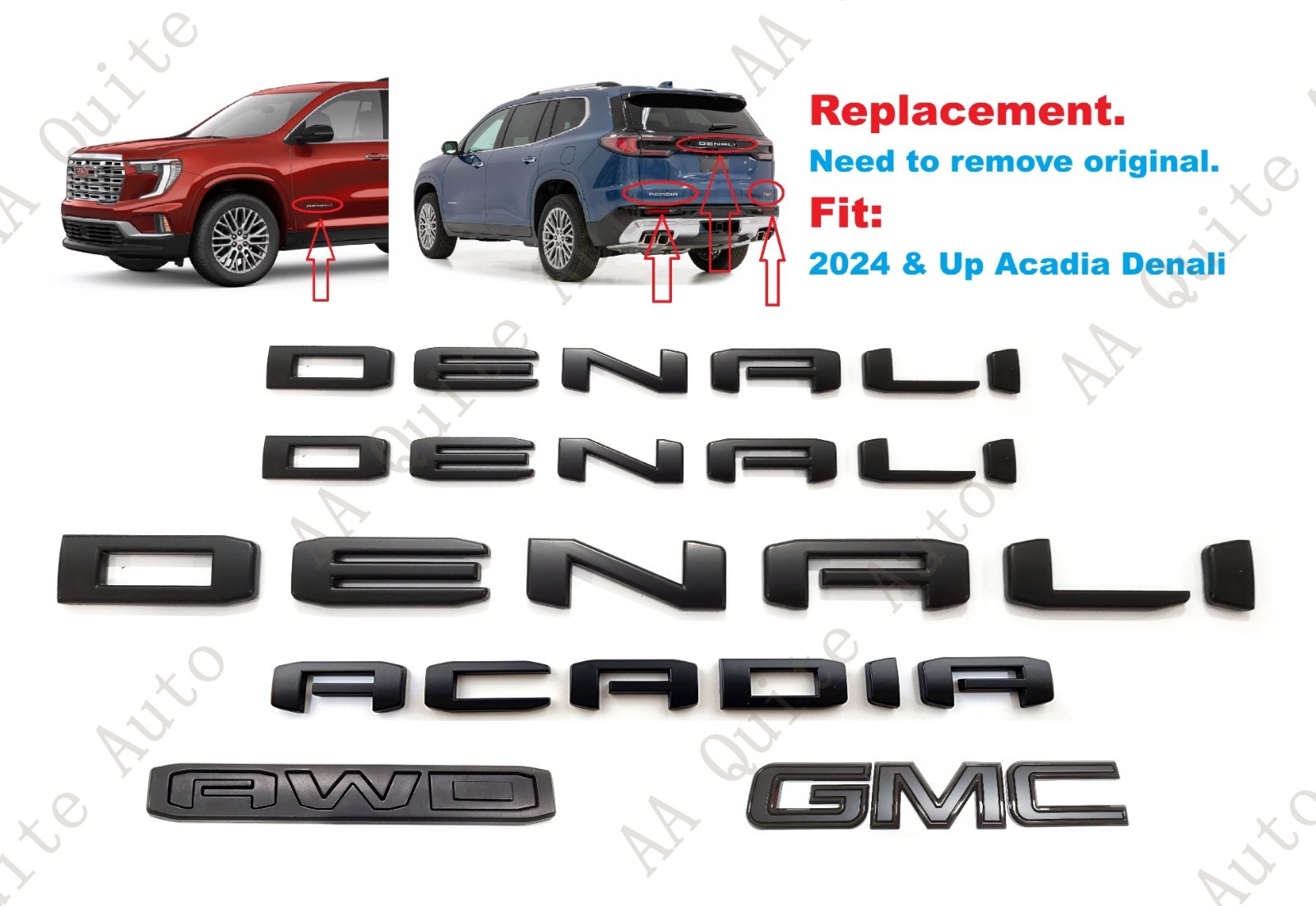 6PC Matte Black Door Rear Denali Acadia AWD GMC Emblem 2024 & Up Acadia Denali