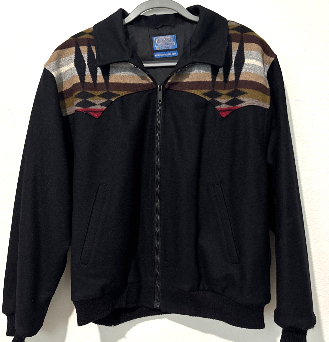 VTG Pendleton Southwest Aztec Wool Blanket Jacket Western Yoke Bomber BLK Size L
