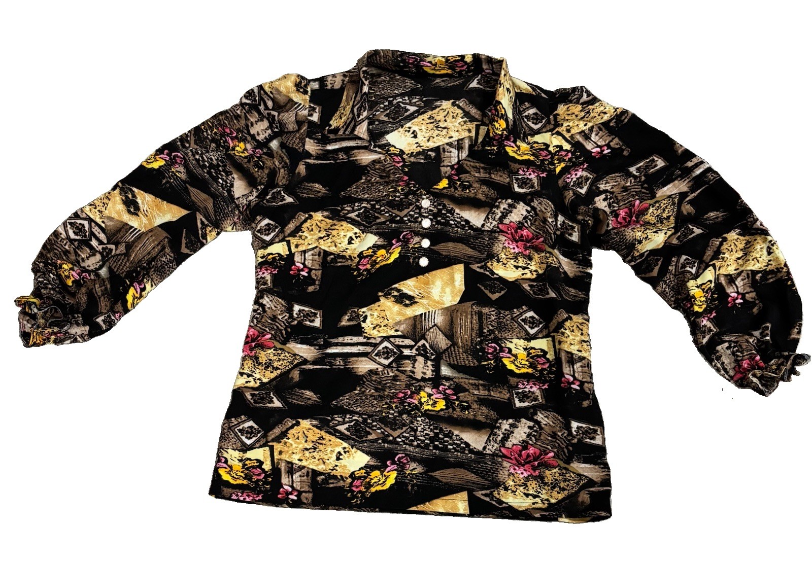 Women’s Vintage Abstract Floral Long Sleeve Collared Blouse Black Yellow Pink