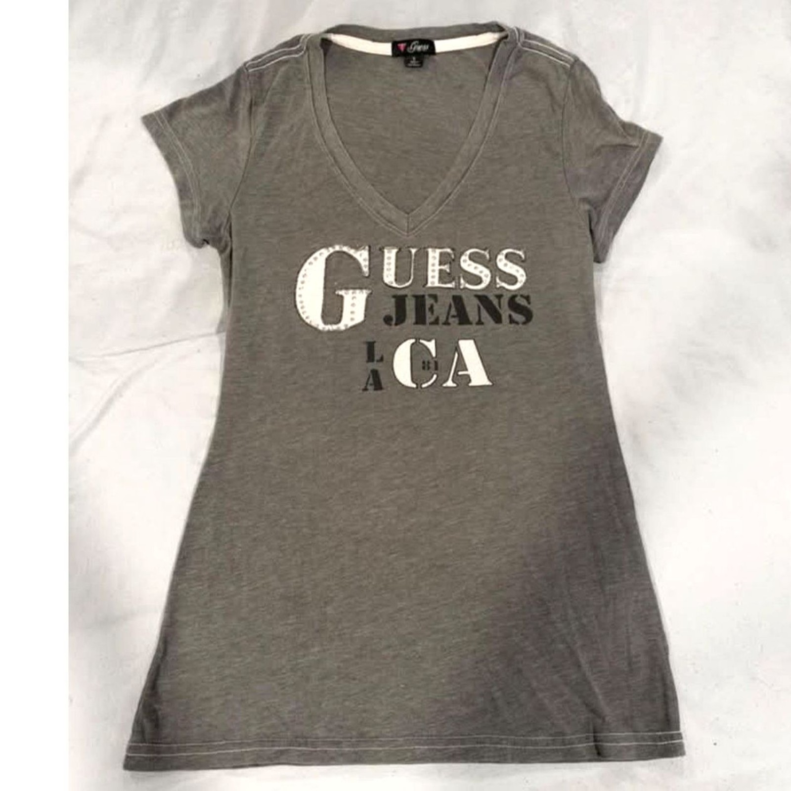 VTG Y2K Guess Jeans LA CA Rhinestone Graphic V Neck T Shirt Gray S