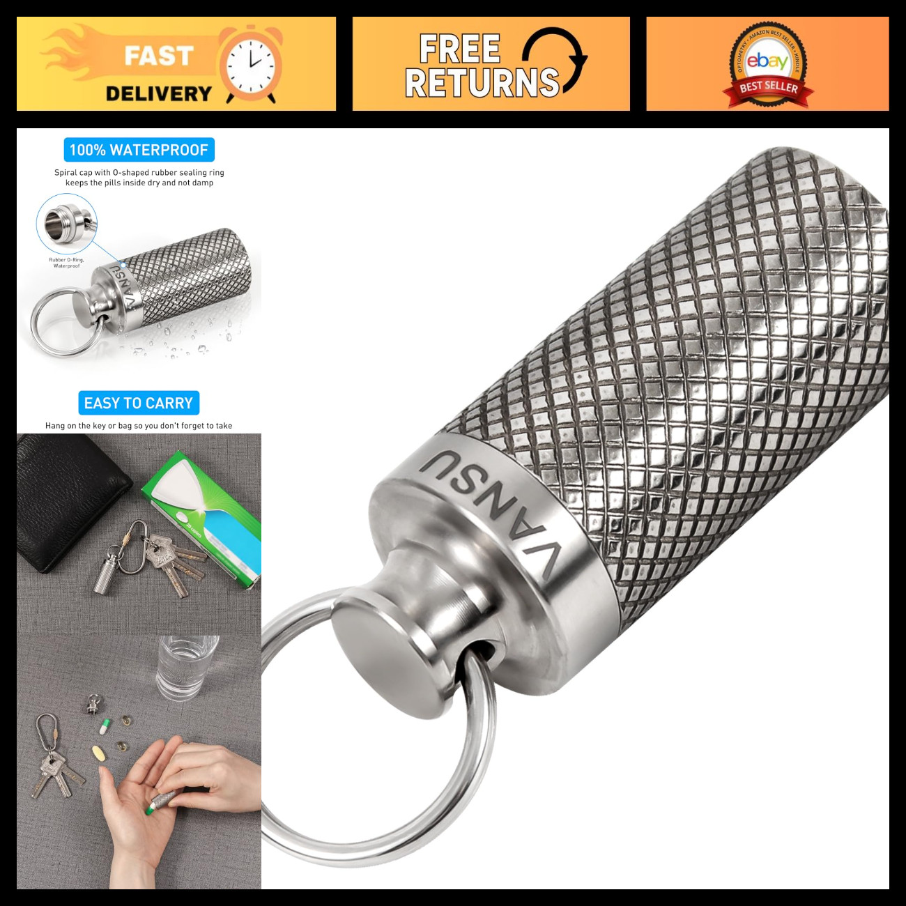 Waterproof Titanium Keychain Pill Holder - Portable Mini Pill Box for Travel & C