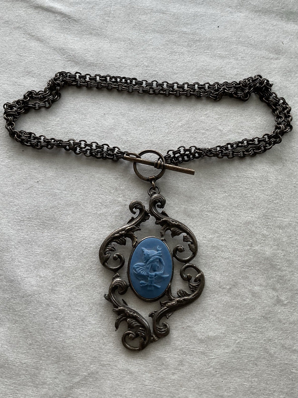 Vintage ornate bronze-tone Blue Cameo Knight Shield necklace Estate Jewelry Vintage ornate bronze-tone Blue Cameo Knight Shield necklace Estate Jewelry