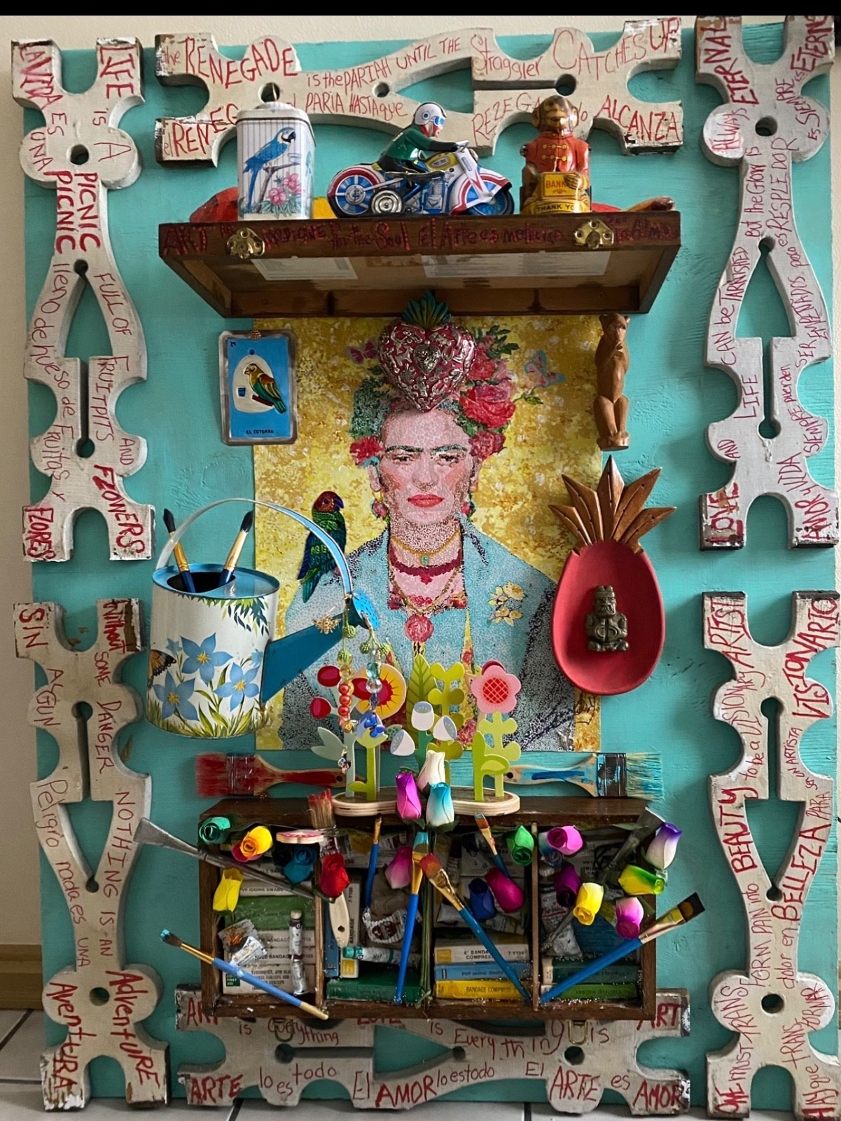 Sculpture art large handcrafted Frida Kahlo tribute wood metal one of a kind Sculpture art large handcrafted Frida Kahlo tribute wood metal one of a kind