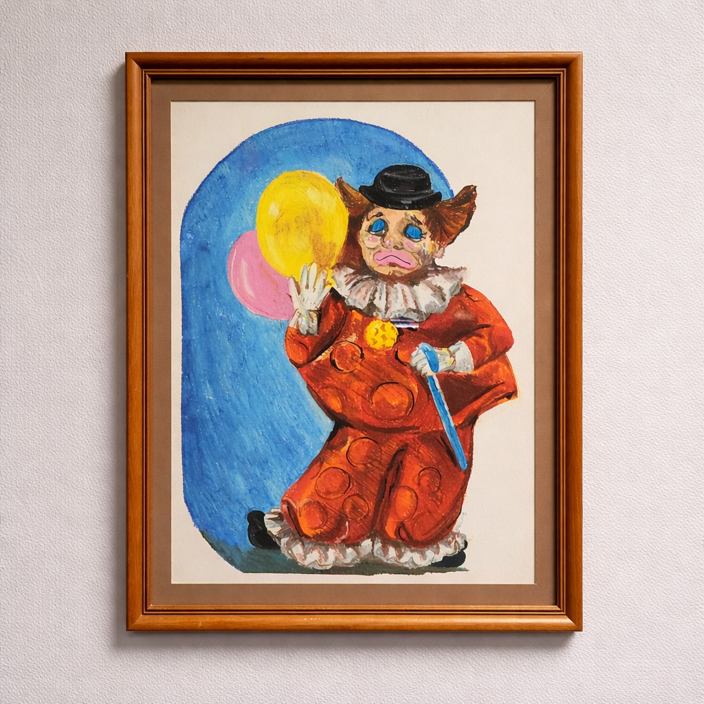 Vintage MCM Sad Clown Framed Art Original Oil Painting \'81 Signed Atancock 27x20