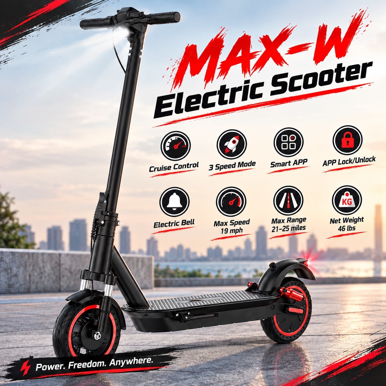 MAX-W Electric Scooter Black 42V 15AH 540W 19MPH Long Range Foldable