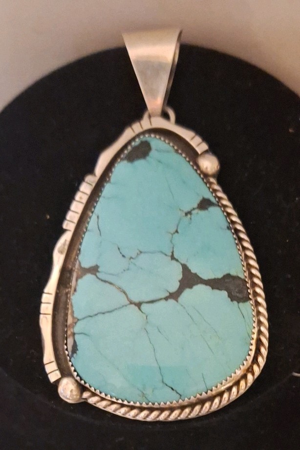 HUGE Vintage Navajo Sterling Silver Sleeping Beauty Turquoise Pendant Signed 