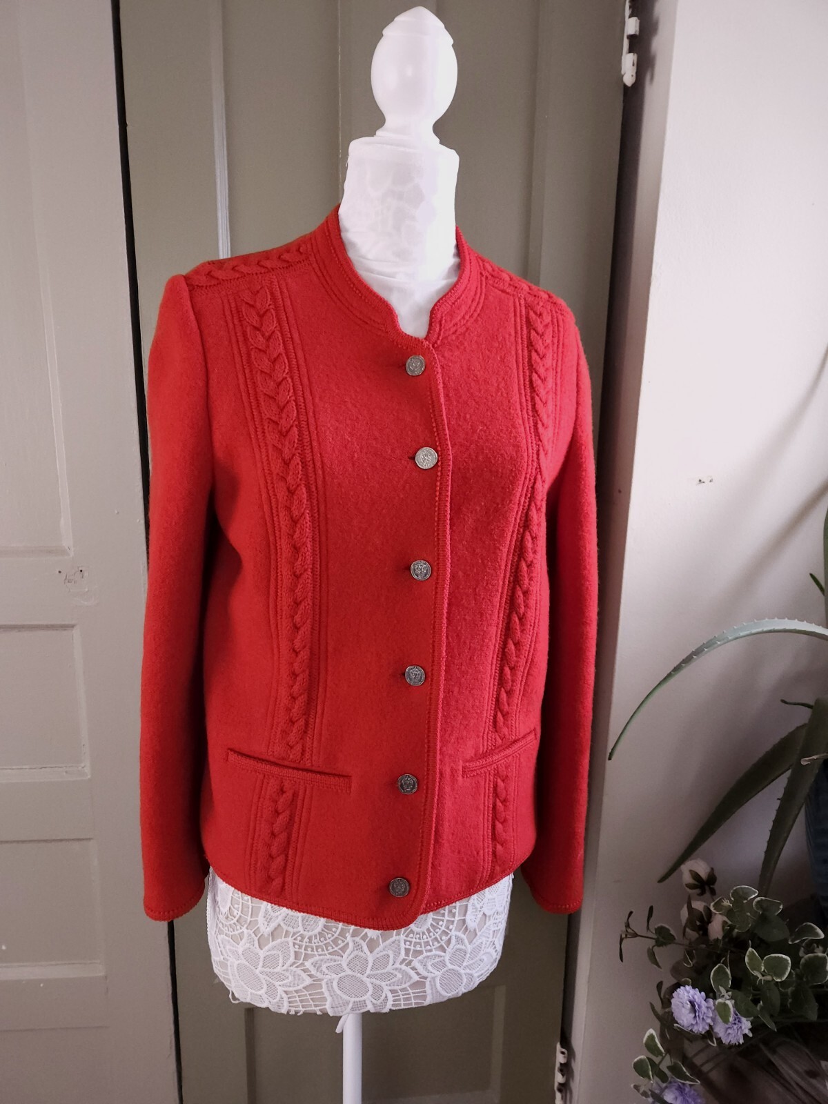 Steinbock Vintage Boiled Wool Red Button Down Cardigan Sweater Austria Womens M Steinbock Vintage Boiled Wool Red Button Down Cardigan Sweater Austria Womens M