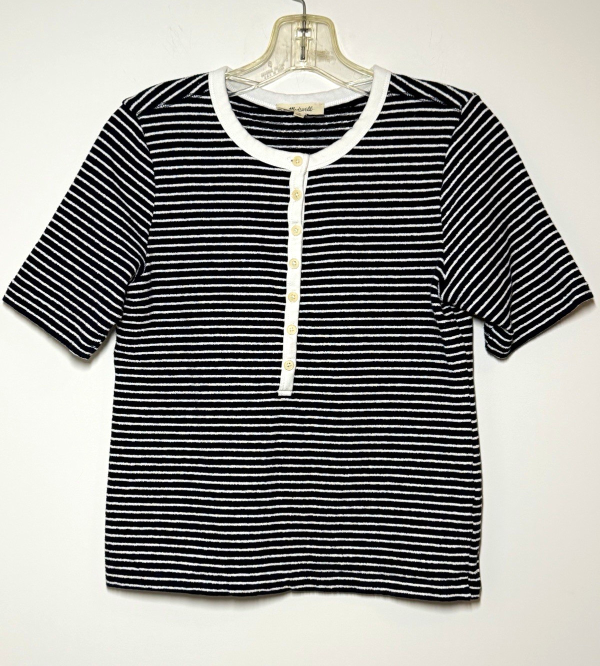 Madewell Women’s Black & White Striped Henley Knit Top 100% Cotton Medium 