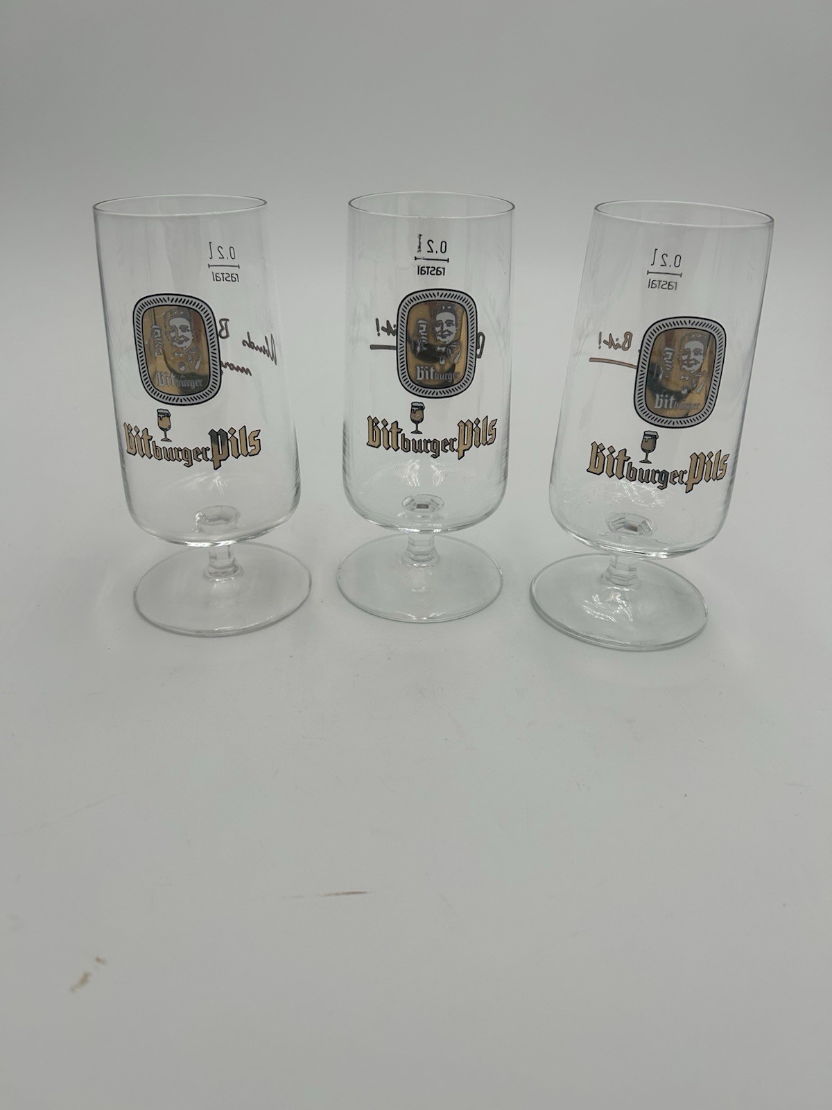Bitburger Pils German Stemmed Beer Glasses 8 oz, 0.2 Liter Rastal 5.5” Set of 3 Bitburger Pils German Stemmed Beer Glasses 8 oz, 0.2 Liter Rastal 5.5” Set of 3