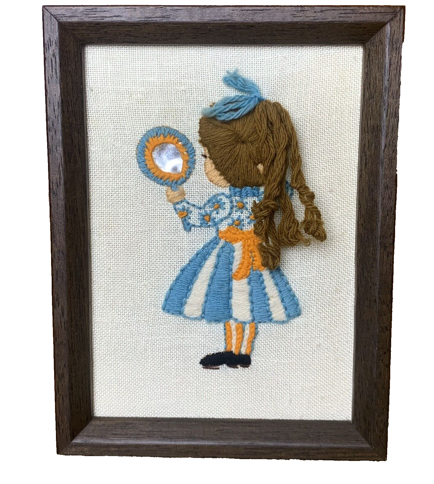 Vtg 3D Yarn Art Girl Mirror Framed Crewel Embroidery Retro Wall Hanging Kitschy