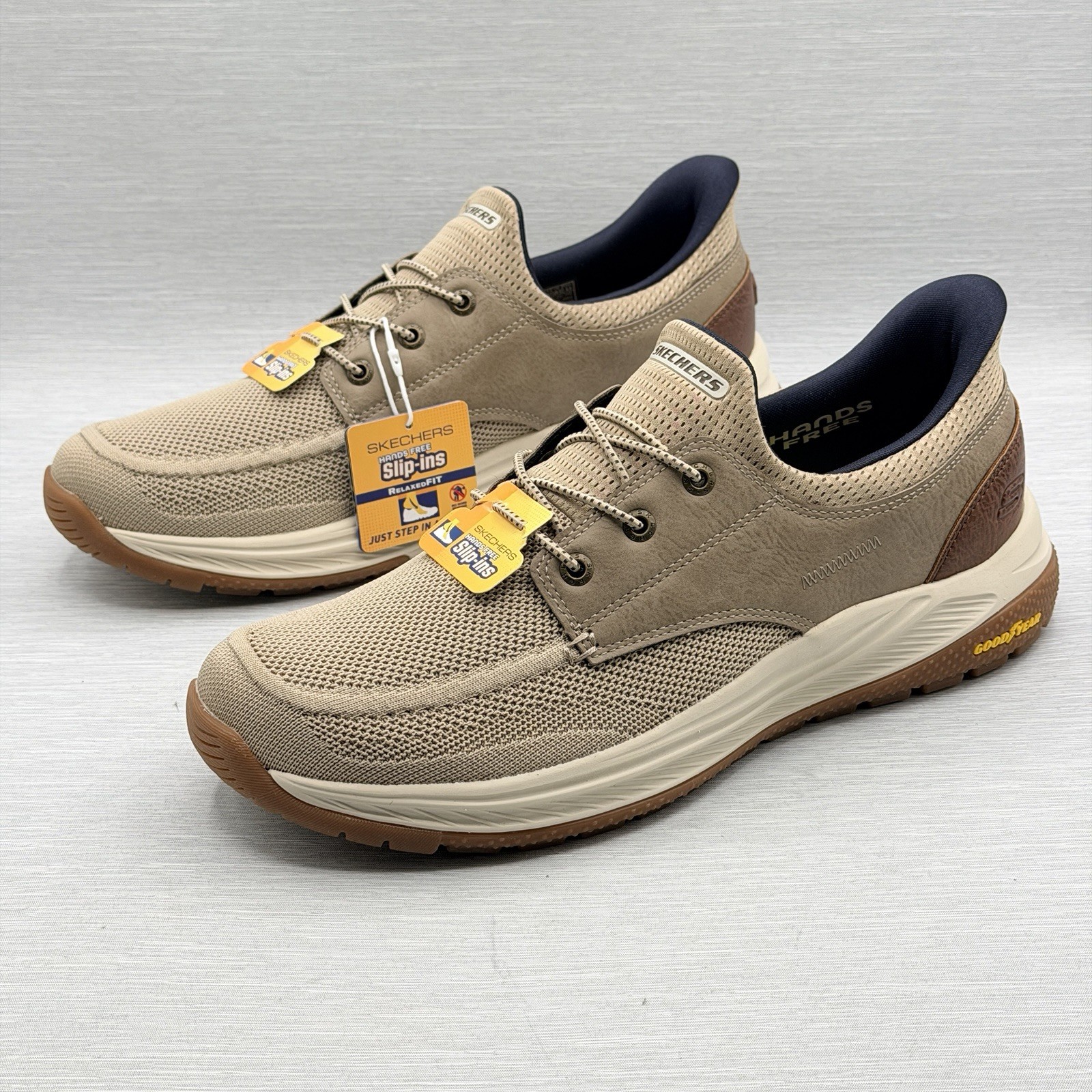 Skechers Slip Ins Men’s 9 Wide Taupe Walking Shoes Relaxed Fit Goodyear Box