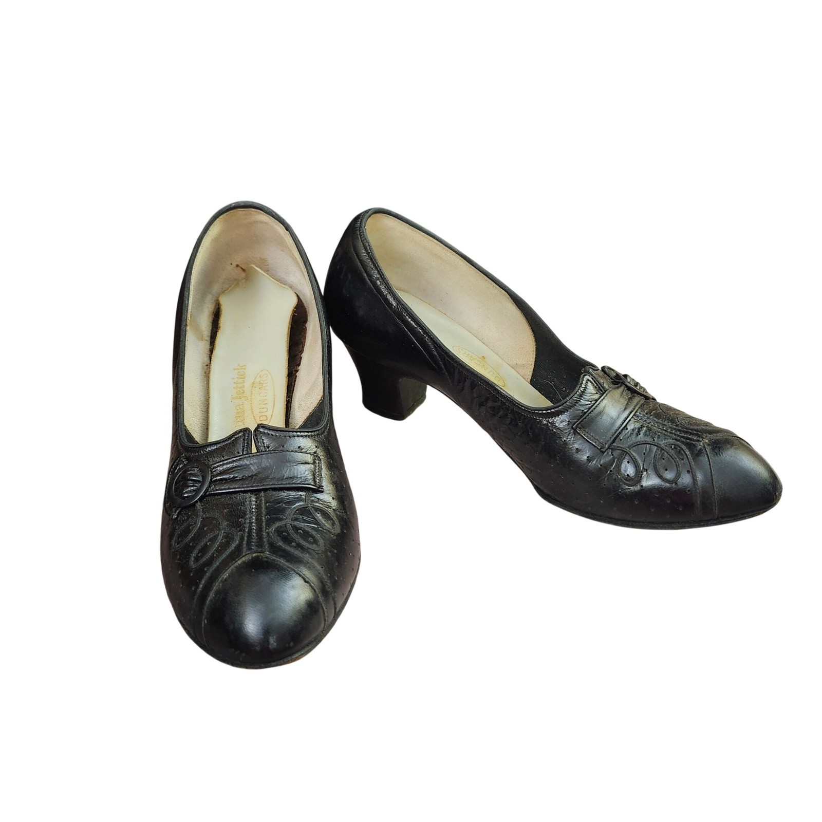 Vintage 30\'s-40\'s Enna Jettick Black Leather Embroidered Cuban Heel Pumps 6.5 B