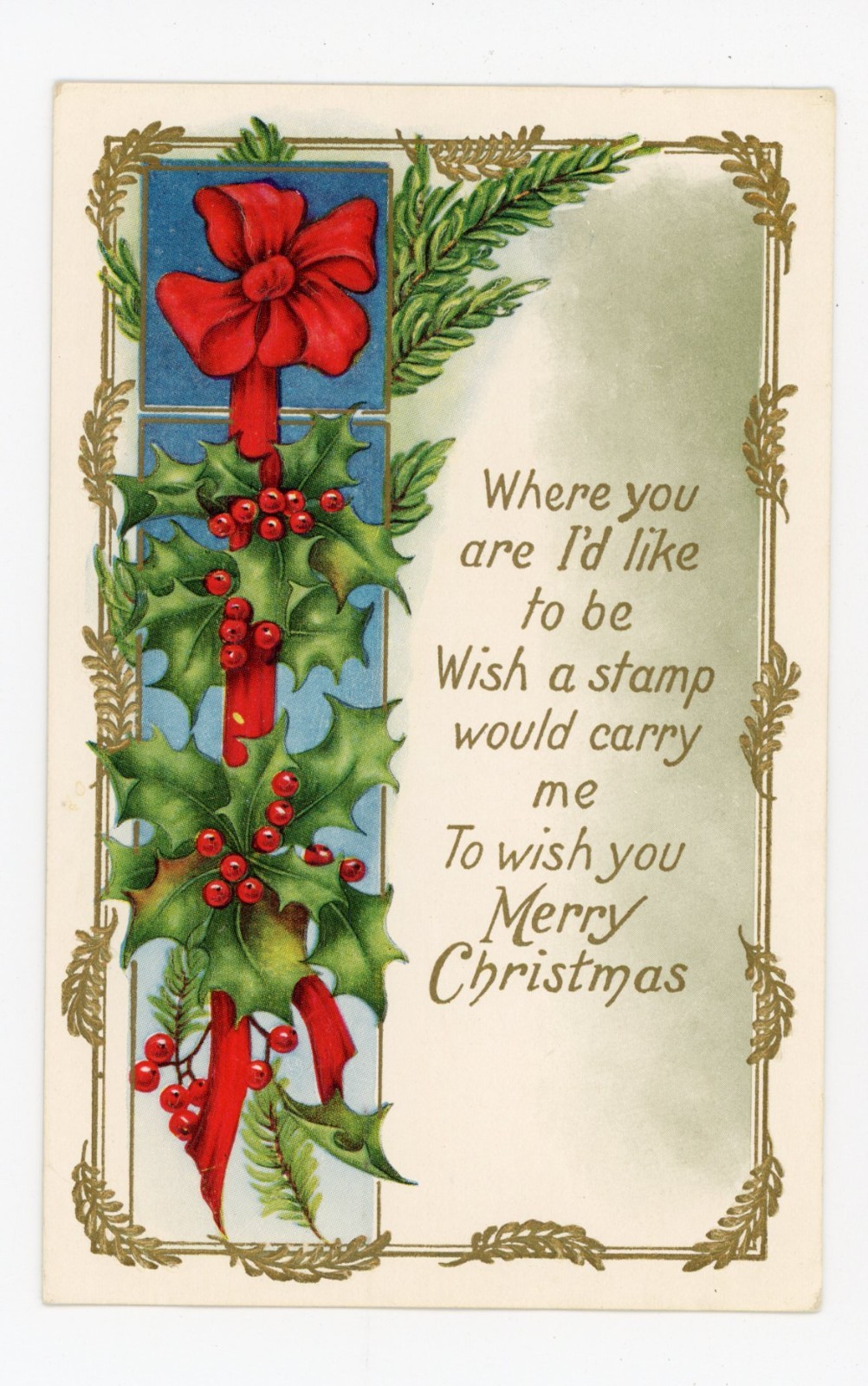 Antique 1915 Dated Christmas Postcard Embossed Holly Decorated Red Bow Unposted Antique 1915 Dated Christmas Postcard Embossed Holly Decorated Red Bow Unposted