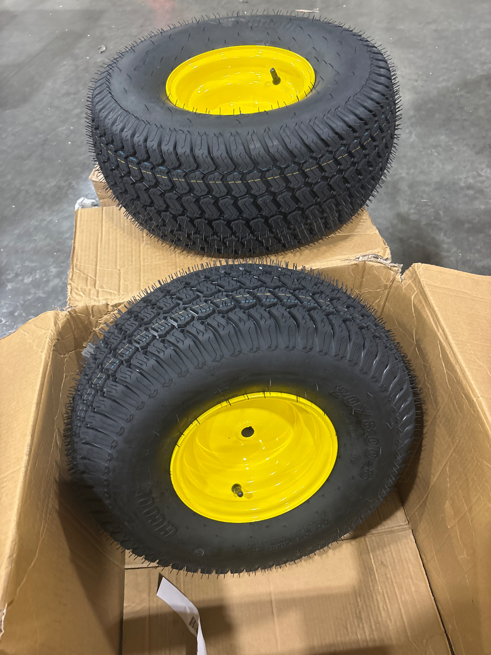 2-Pack 20x8.00-8 Lawn Mower 4 Ply Tubeless Tire and Wheels (Open Box Unused) 2-Pack 20x8.00-8 Lawn Mower 4 Ply Tubeless Tire and Wheels (Open Box Unused)