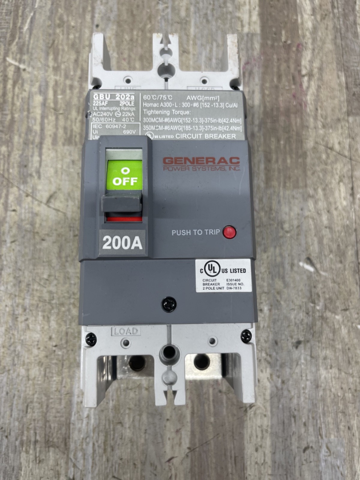 NEW GENERAC CB 200A 2Pole 240V 225AF 0K0133 gbu202b NEW GENERAC CB 200A 2Pole 240V 225AF 0K0133 gbu202b