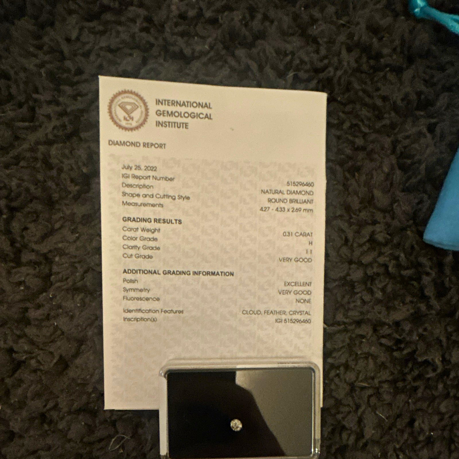 IGI Certified Natural Round Brilliant Diamond 0.31ct H I1 Very Good Cut IGI Certified Natural Round Brilliant Diamond 0.31ct H I1 Very Good Cut