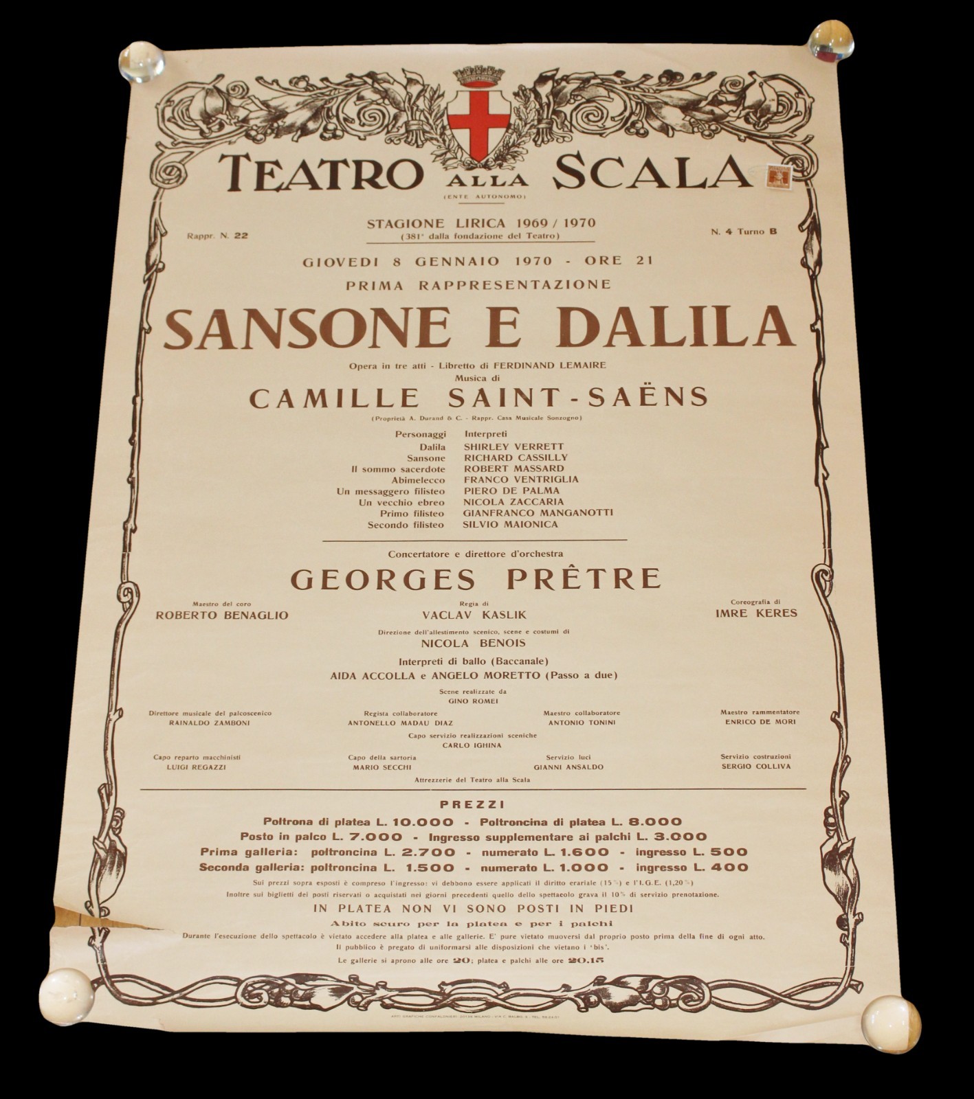Vintage Original Teatro Alla Scala 1969-1970 Samson & Delila Opera Poster 28x39