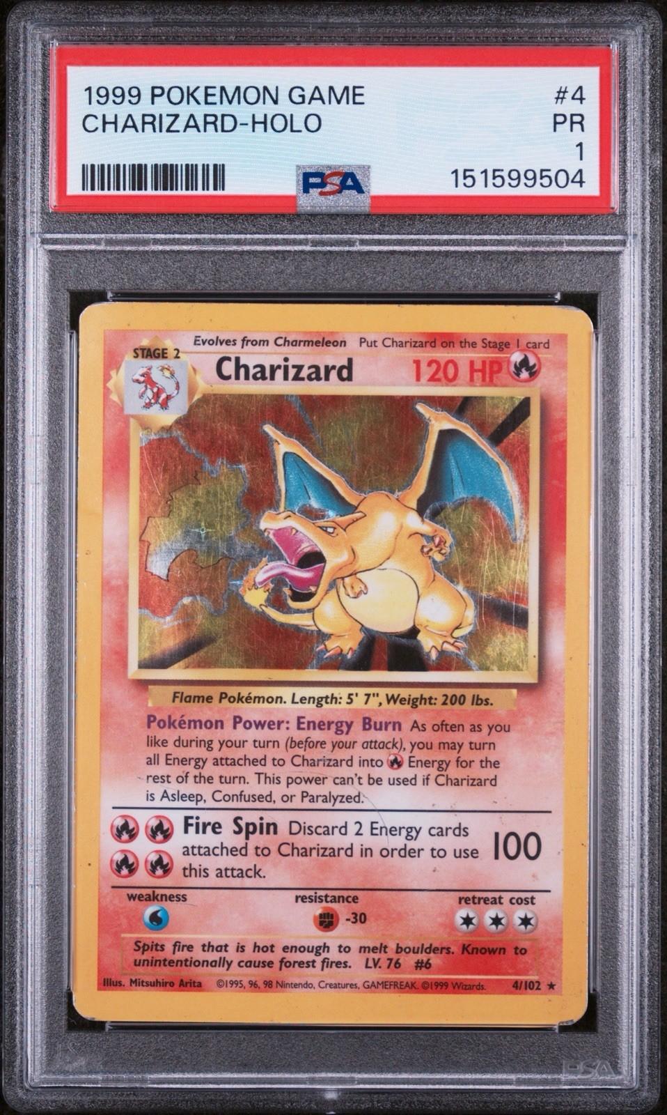 POKEMON 1999 BASE SET CHARIZARD 4/102 WOTC HOLO PSA 1 POKEMON 1999 BASE SET CHARIZARD 4/102 WOTC HOLO PSA 1